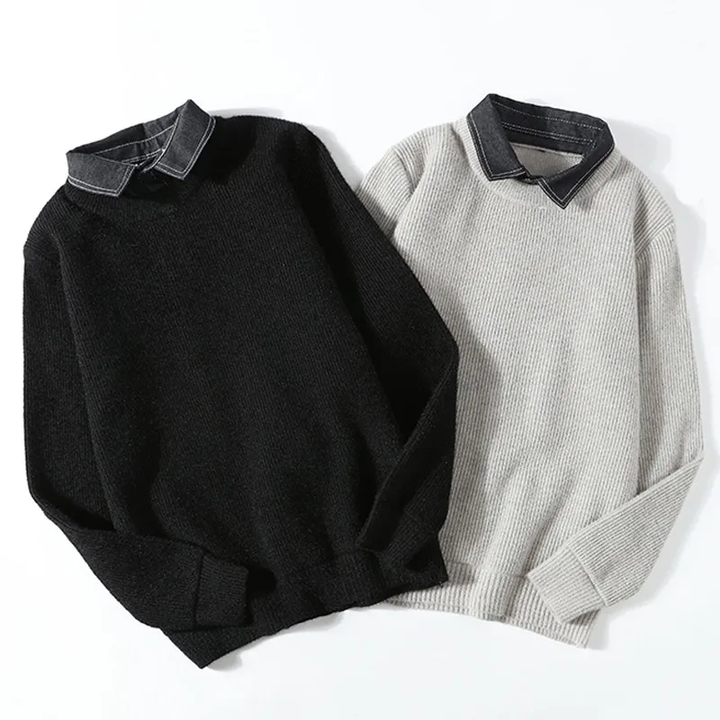 

Men's Knitted Wool irt Collar Sweater Fake Two-Piece Long Sve Casual Loose Fit Winter Warm Trendy Personali Base Layer