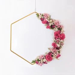 Gold Metal Floral Hoop Garland with Wooden Base Wedding Party Table Centerpiece Decoration Hoop Holder Home Door Wreath Ornament