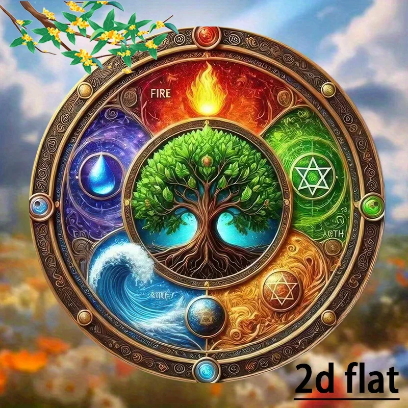 Vintage Tree of Life Metal Wall Art – 2D Flat Decor with Fire, Water, Earth & Air Elements | Unique Home Decoration for Rooms