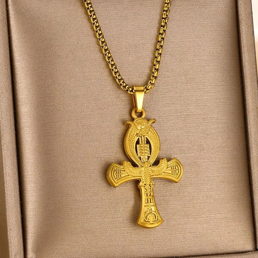 Egyptian Ankh Cross Amulet Necklaces for Women Men Stainless Steel Bird of Life Crucifix Key Pendant Necklace Religion Jewelry