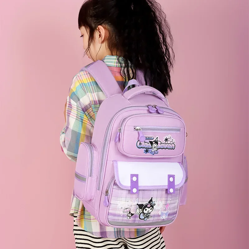 Sanrio Kulomi Cartoon Printed Plaid Children's School Bag Large Capacity Ridge Protection Waterproof Cute Backpack Girls