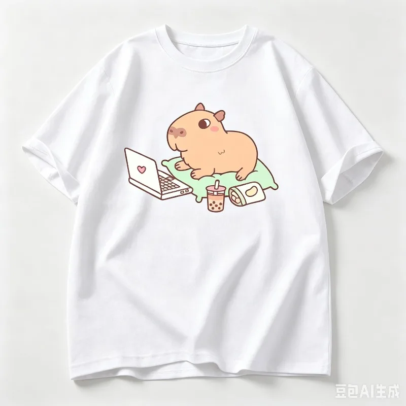 Casual Short Sleeve T-shirt Cute Capybara Using Laptop Bubble Tea Cartoon Print Animal Graphic Casual Daily Streetwear Unisex