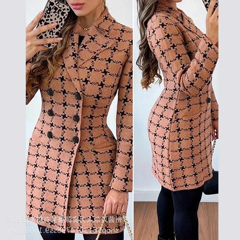 

Tailored Coats Jackets Pockets Outwear Trend Plaid Wool Coat Women Slim Fits Double Breasted Knit Cardigan Office Lady Jackets