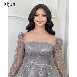 Xijun Grey Glitter A-Line Wedding Dresses Gogerous Sequined Prom Dresses Formal Evening Dresses Floor Length Bridal Gown Vestido