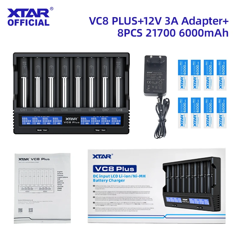 XTAR VC8 PLUS Set with 8×18650 4000mAh/21700 6000mAh 8‑Slot Fast Charger Capacity Test 0V Activation Battery Storage Mode