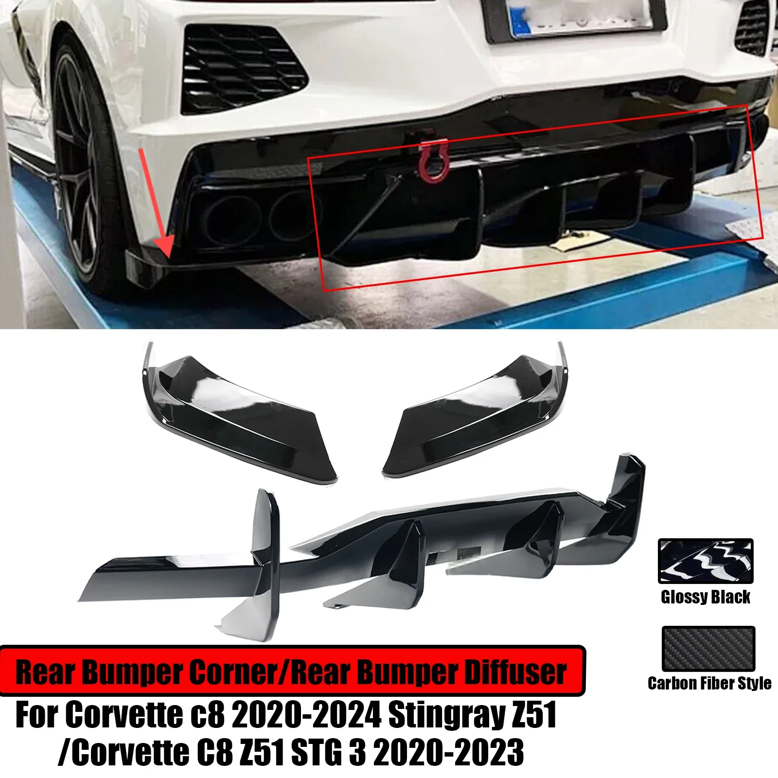 For Chevrolet Corvette C8 Z51 STG 3 2020-2023/Stingray Z51 Rear Bumper Diffuser/Corner Extension Body Kits Spoiler Splitter