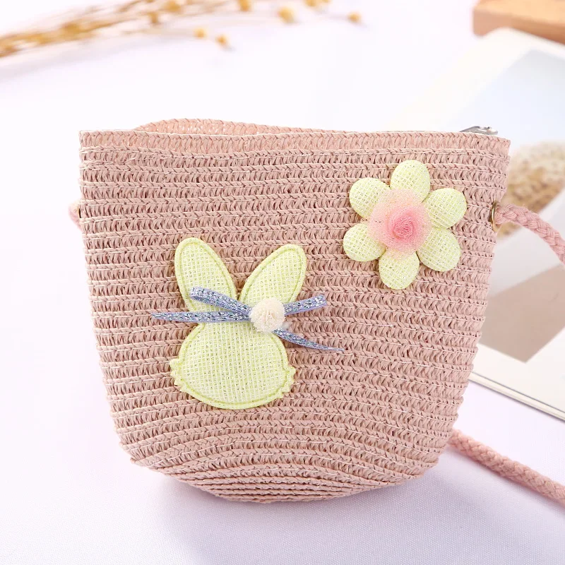 Cute Children\'s Straw Shoulder Bags Flower Baby Girls Small Bucket Crossbody Bag Boys Kids Mini Coin Purse Beach Handbags