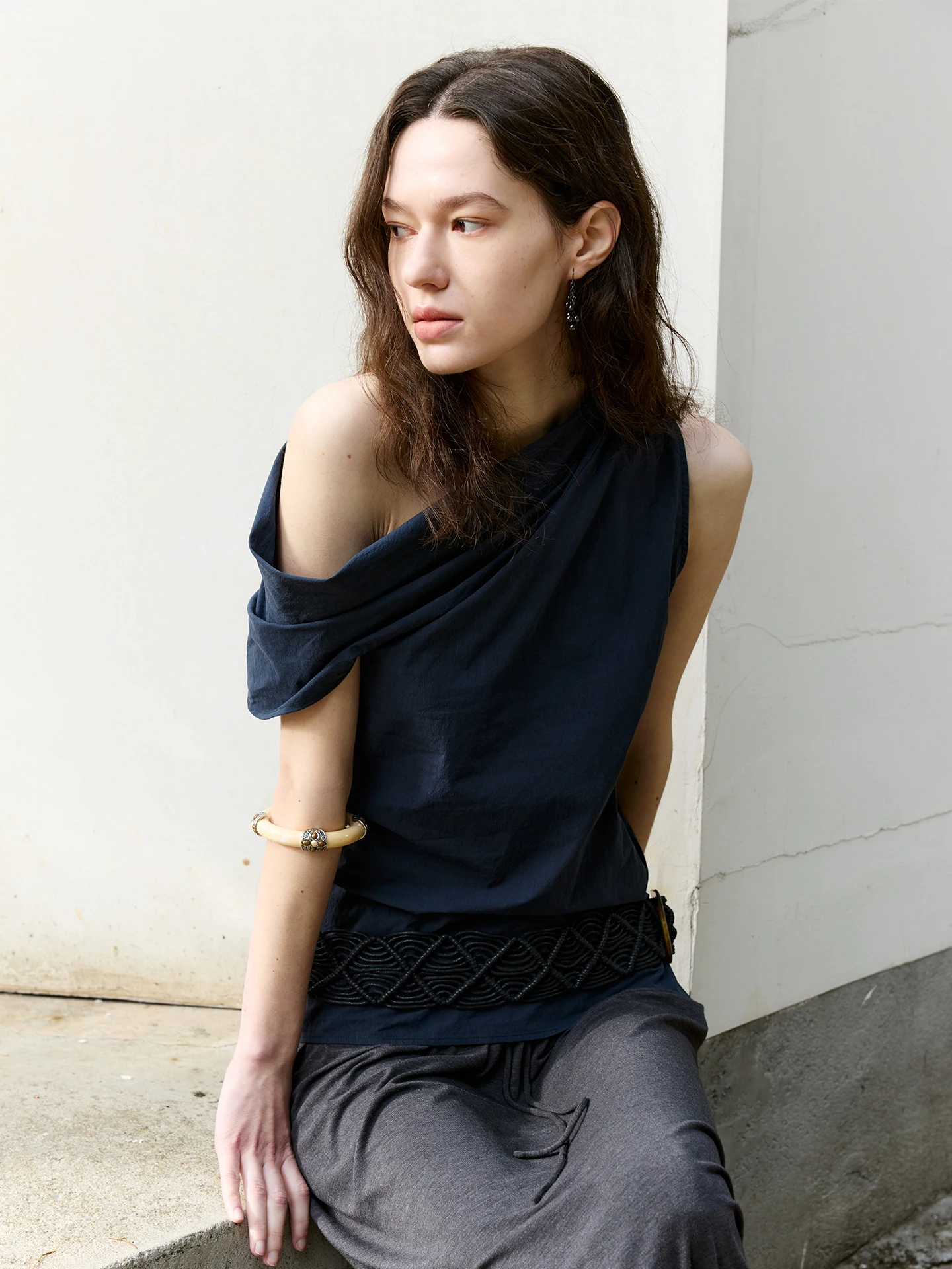 

Ele Asymmetric One-oulder irt Women's Faionable Breathable Cotton Blend Summer Top French Sle Loose Fit Casual Wear