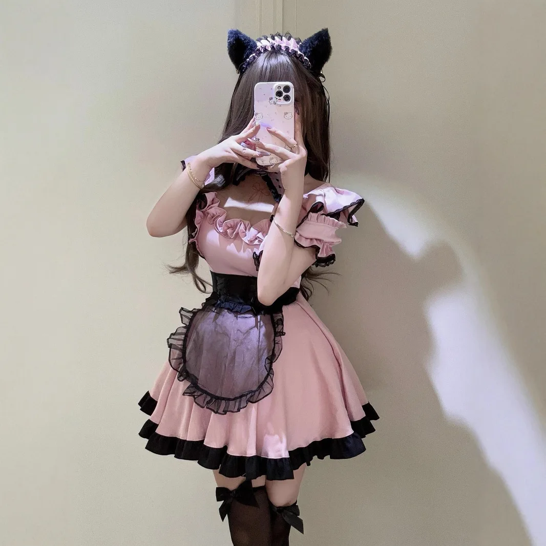 새로운 일본식 귀여운 메이드 복장 코스프레 달콤한 소녀 레이스 고양이 메이드 복장 세트 로리타 스커트 할로윈 메이드 복장 로리타