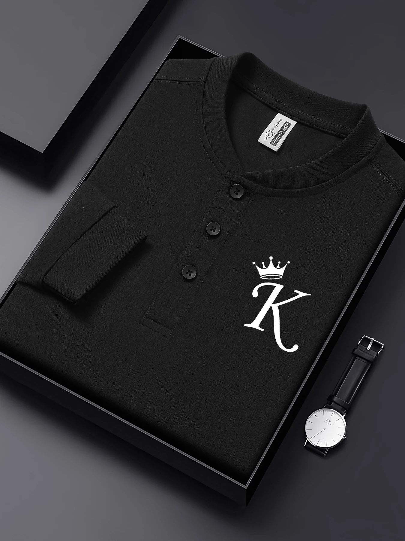 

Crown Letter K Simple Printed Basic Shirt Man Autumn Henry Neck T Shirts Cotton Henley Streetwear Loose Hip Hop Clothing