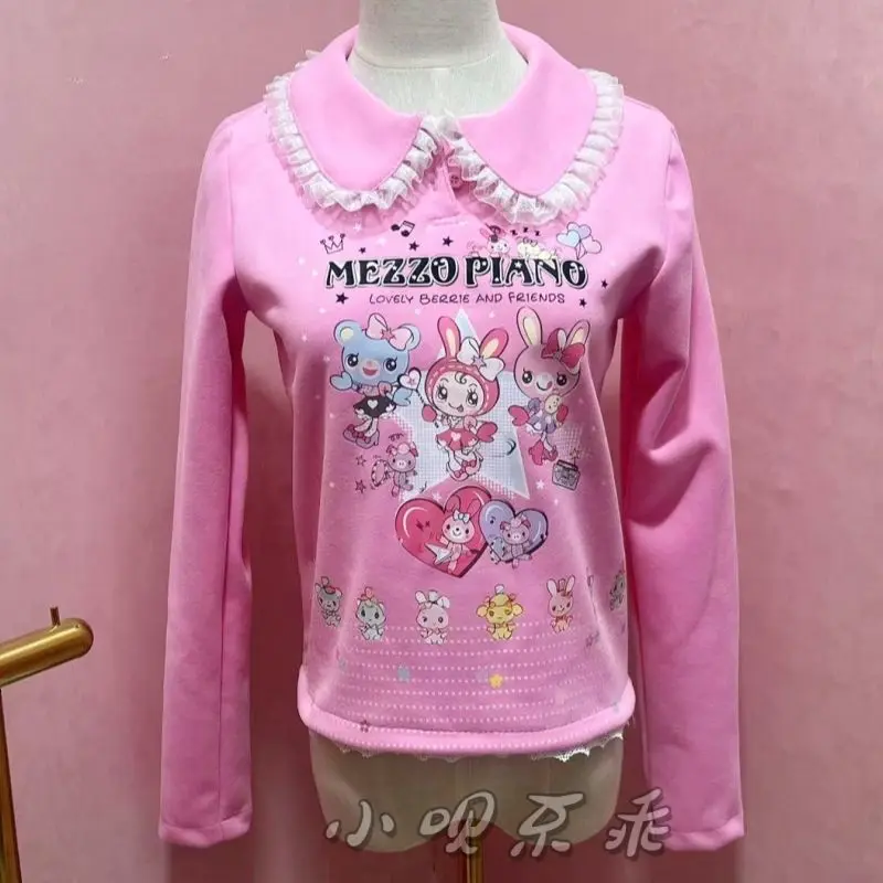 

Women Lolita Graphic T-shirts Mujer Lace Ruffles Peter Pan Collar Cartoon Print Long Sleeve Tees Y2k Sweatshirt Grunge Tops