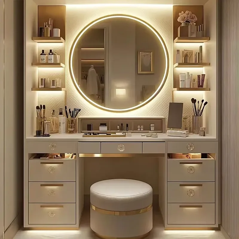 Modern Light Dressing Table Particle Board Vanity Table with Lighted Mirror and Two Side Drawers