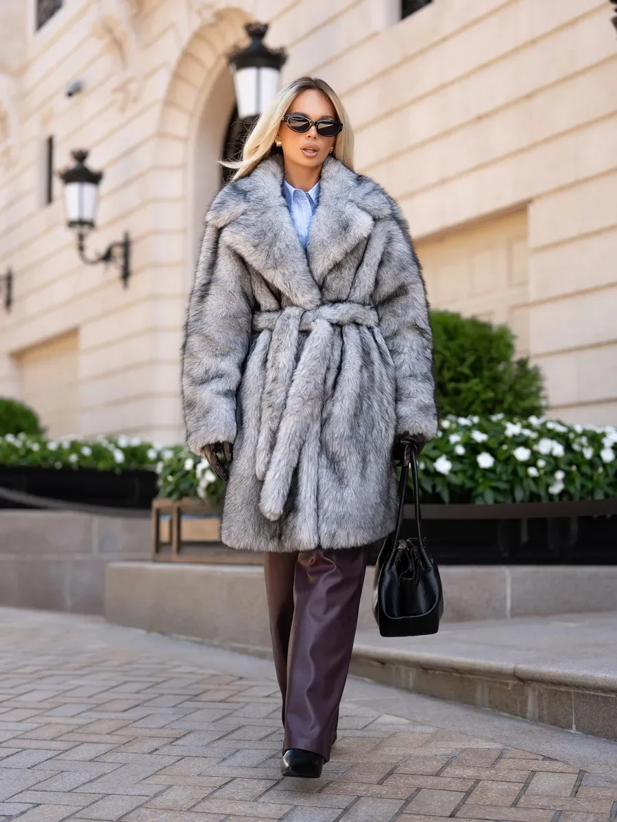 Winter Women Silver Grey Gradient Coat Belted Fluffy Elegant Luxury Warm Thick Long Coat Outerwear High Quality Faux Fur Jacket