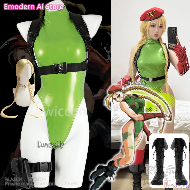 

Cammy White Fighting Аниме Игра SF 코스프레 Костюм Сексуальный Зеленый Комбинезон Кожаный Костюм Бикини Шляпа Парики Обувь Jirai Kei Индивидуальные