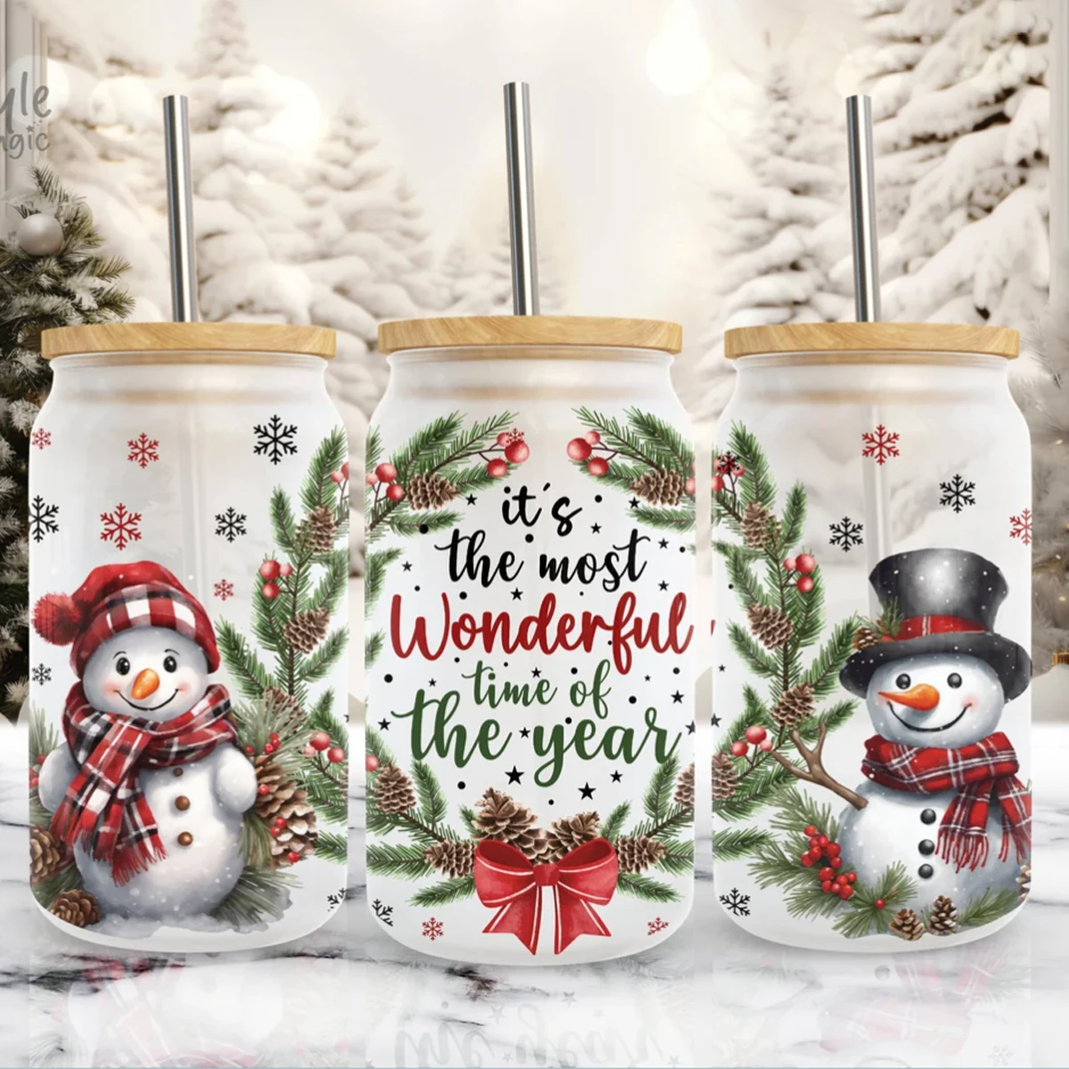 Wesołych Świąt Snowman UV DTF Transfer Sticker 16oz Libbey Glass Cups Wraps Coffee Mug Decals Party Xmas Winter Home Decoration