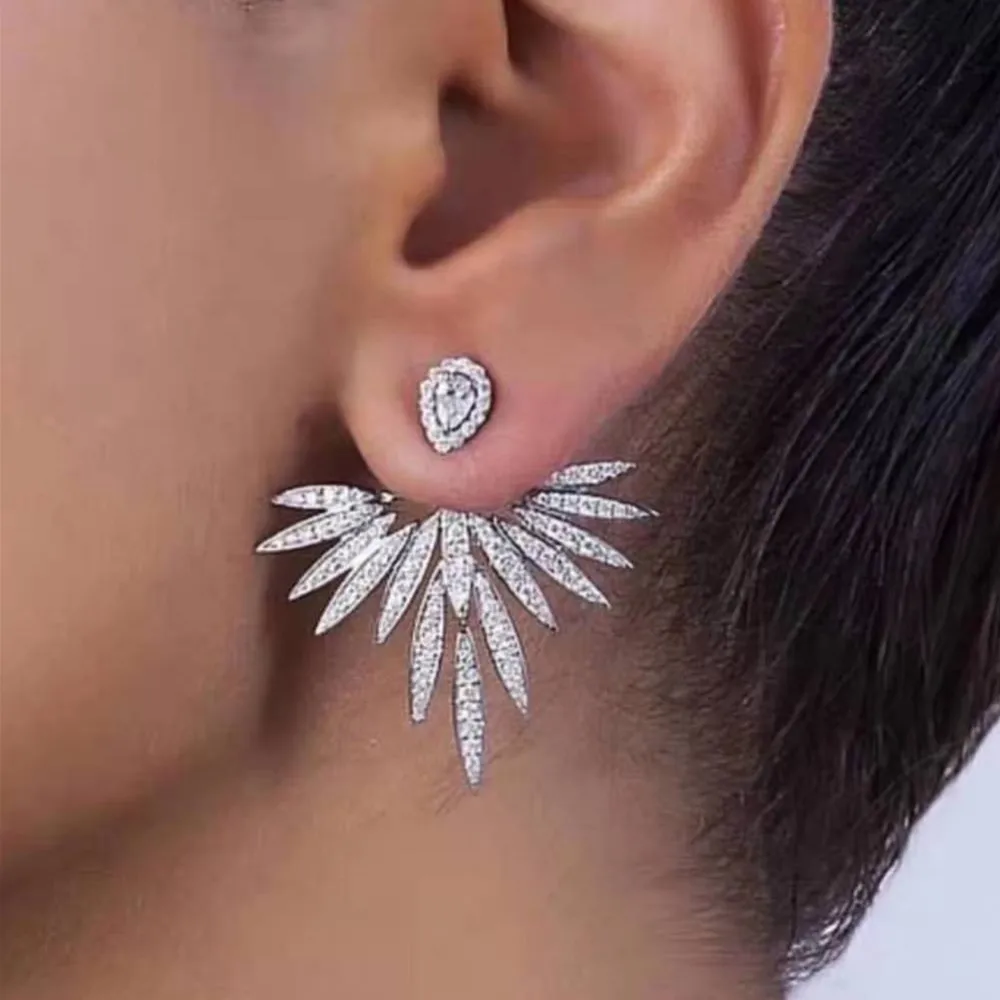 Elegant Cubic Zirconia Feather Earrings White Gold Color Crystal Zircon Statement Stud Earring Luxury Wedding Jewelry