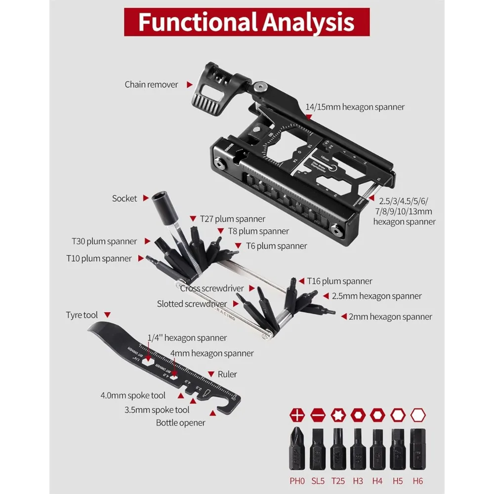 Bike MultiTool Bicycle Repair Tool Kit 38 in 1 Bicycle Multitool with Chain Levers Hex Spoke Wrench Splitter Tool & Crank Puller