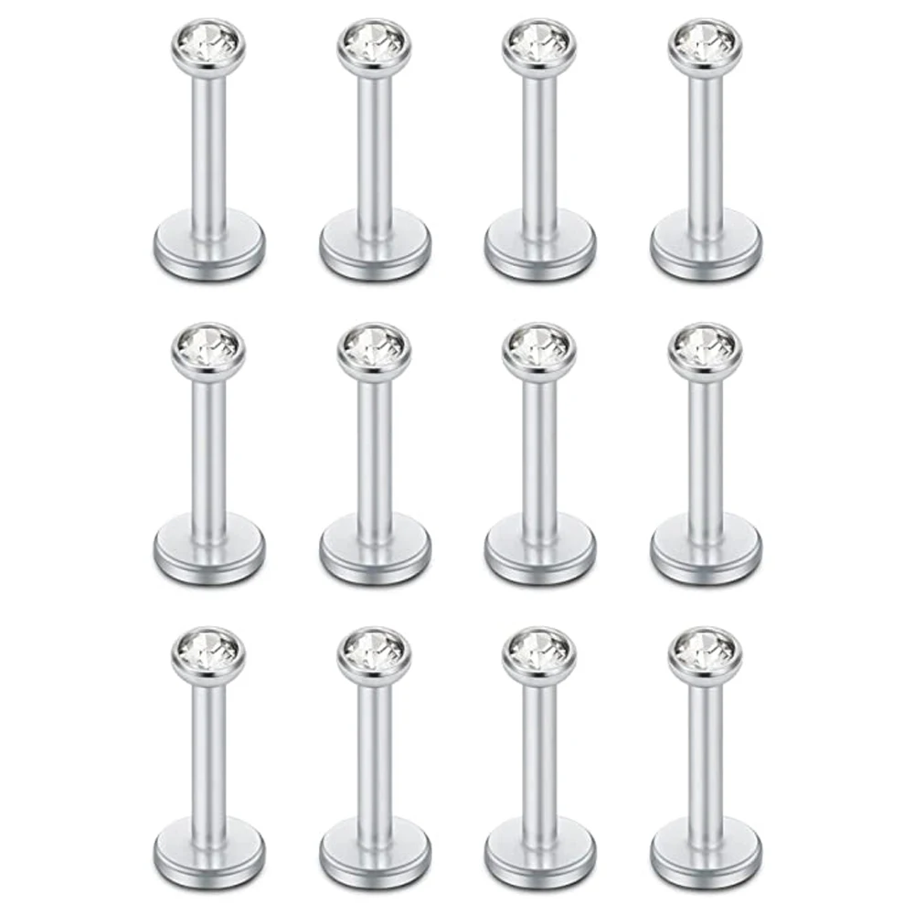 12PCS 16G CZ Opal Internally Threaded Labret Monroe Lip Ring Tragus Nail Helix Earring Stud Piercing Jewelry Bar Length 6-10mm