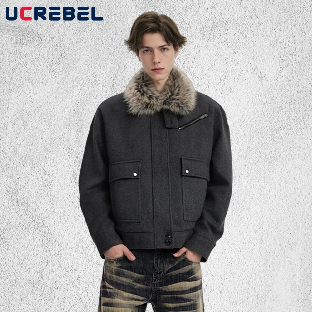 

Pocket Woolen Quilted Jacket Mens Retro High Street Winter Thick Long Sleeve Fur Collar Padded Jacket Man