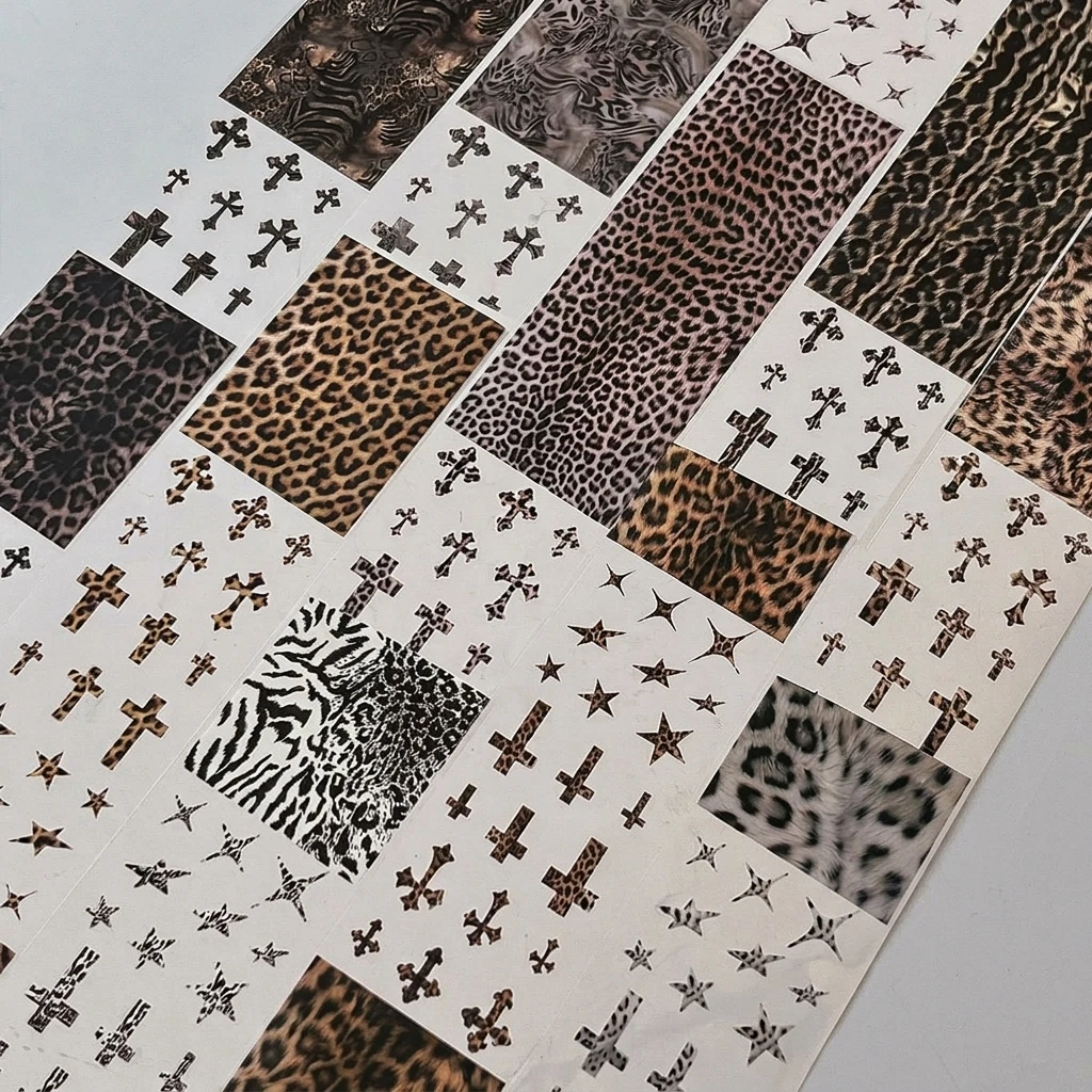 Leopard-Print Nail Art Transferfolien-Set, Y2K Gothic Kreuz-Stern-Design, Winter-Tiermuster-Aufkleber, professionelle Salon-DIY-Maniküre – Detail 5