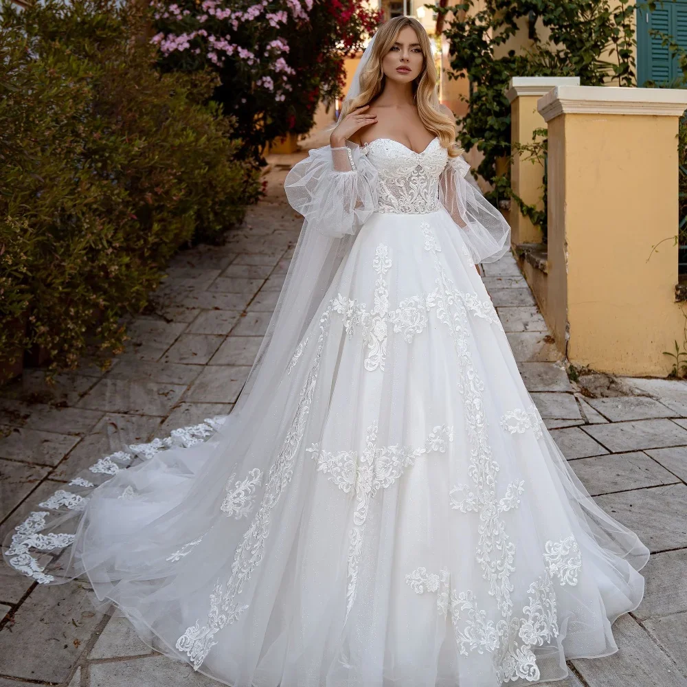 Customized Elegant Lace Wedding Dress Puffy Long Sleeve Flora Appliques Crystal Beaded Women Bride Gowns Vestidos De Novia