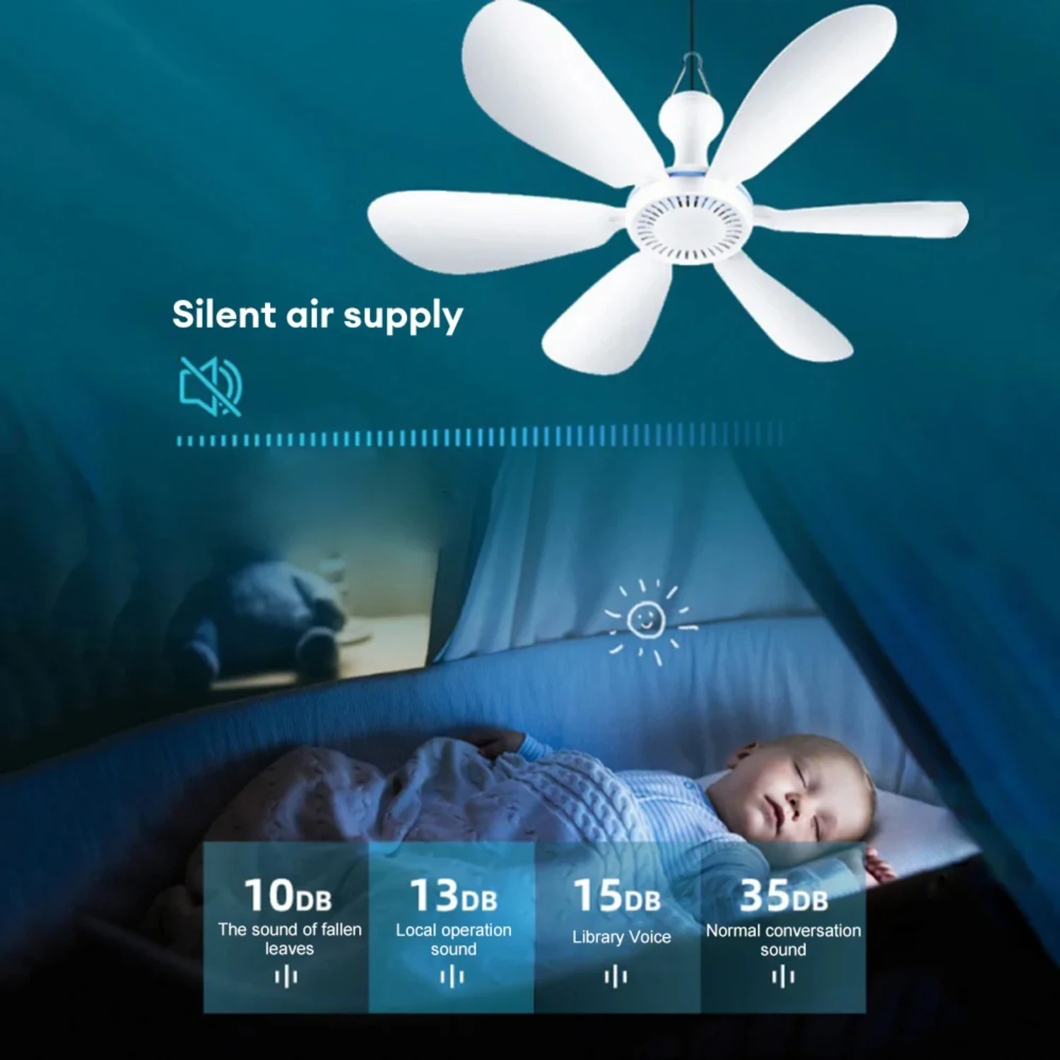 New Silent, Efficient, and Comfortable 4-Speed Hanging Camping Tent Ceiling Fan: Quiet USB Fan with 6-Blade Design for Peaceful 