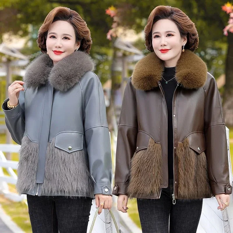 2022 Winter Coat Middle-age Women Faux Mink Fur Overcoat Leather Jacket Female Cotton-padded Outerwear Oversize Thicken Warm Top