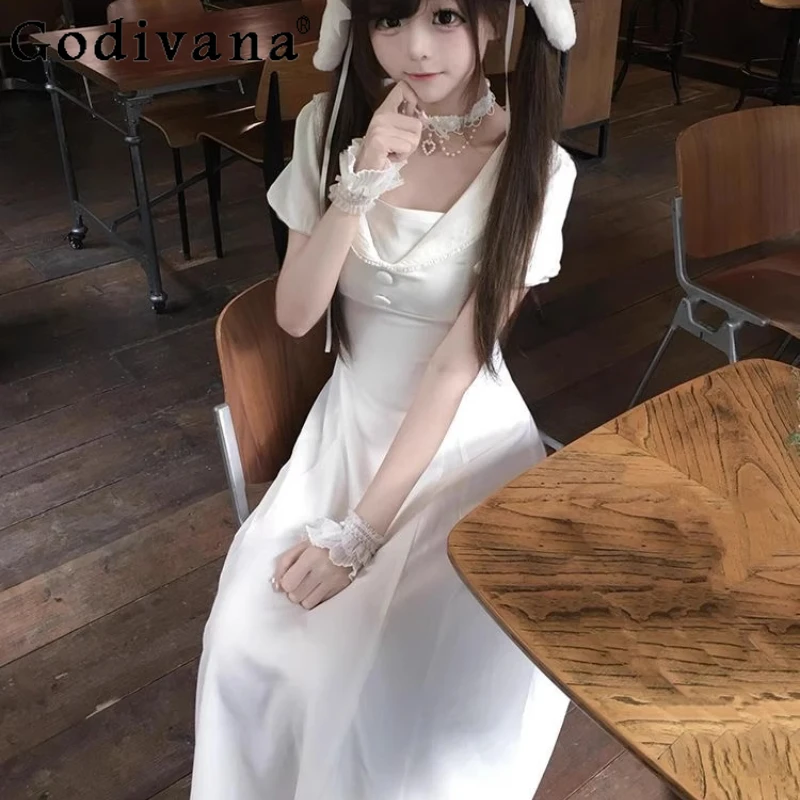 

Japanese Style White Lolita Dress for Girls Navy Style Retro New Elegant Dress Women's Waist Cinching Sweet Long Dress