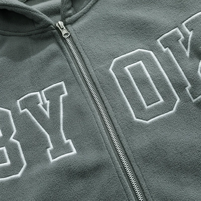 Men's Zipper Hoodies, Letter Embroidery Sweatshirts, Hip Hop Streetwear, Fleece Jackets, Male Casual Loose Coats, Autumn, Winter