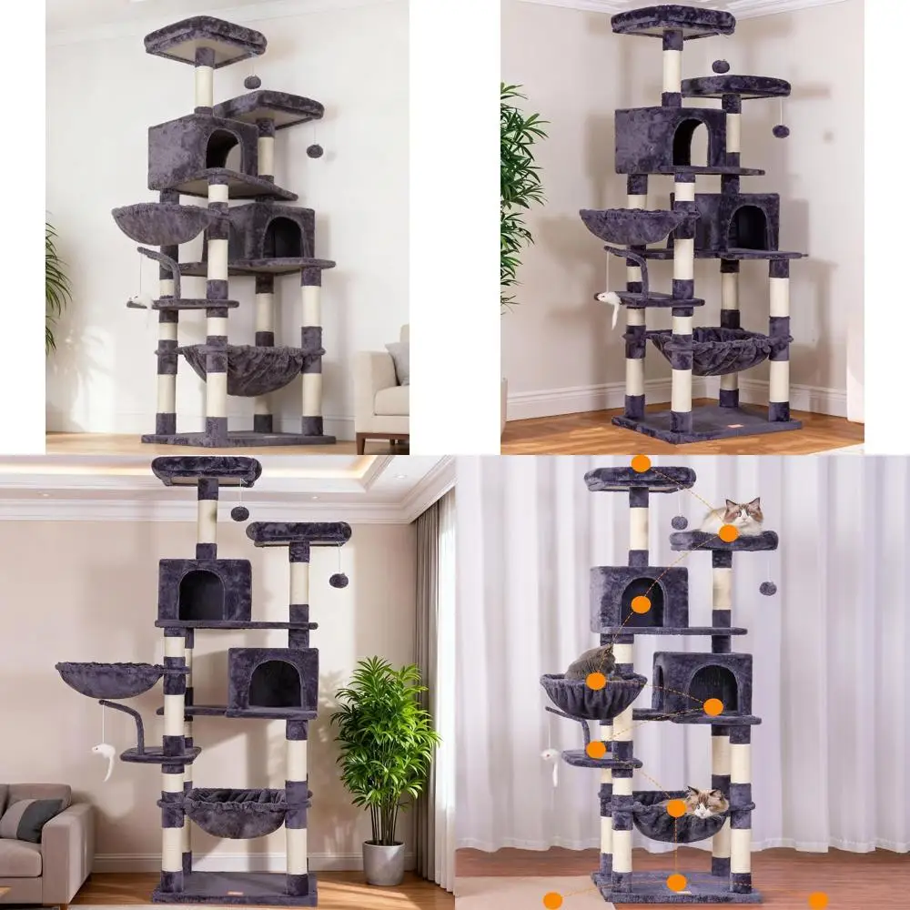 

Высокая напольная когтеточка-башня для кошек (70 дюймов) с плюшевой лежанкой, гамаком и когтеточками для крупных кошек, цвет дымчато-серый