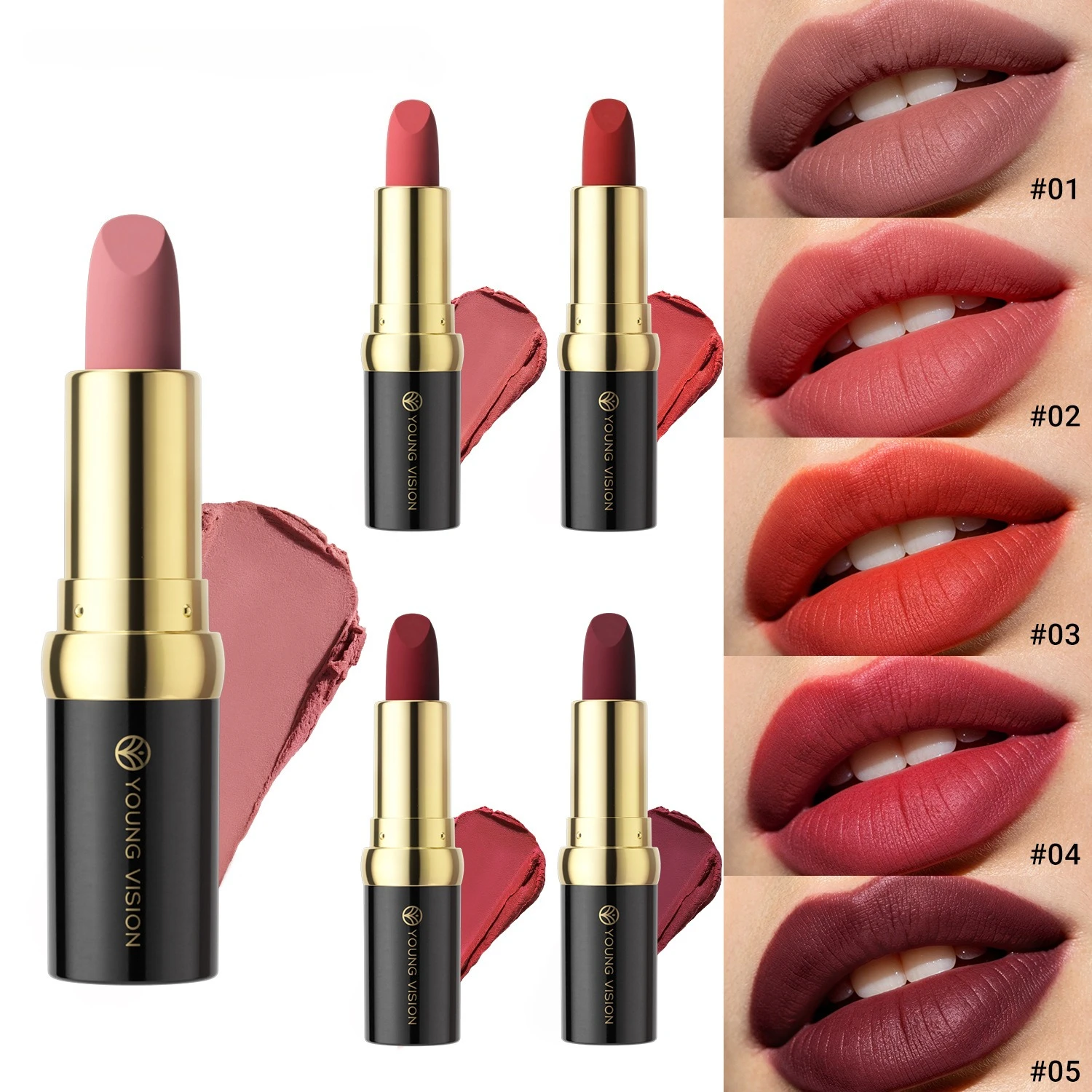 5-Color Velvet Black Tube Lipstick, Delicate Matte Moisturizing Smooth Paste Lipstick
