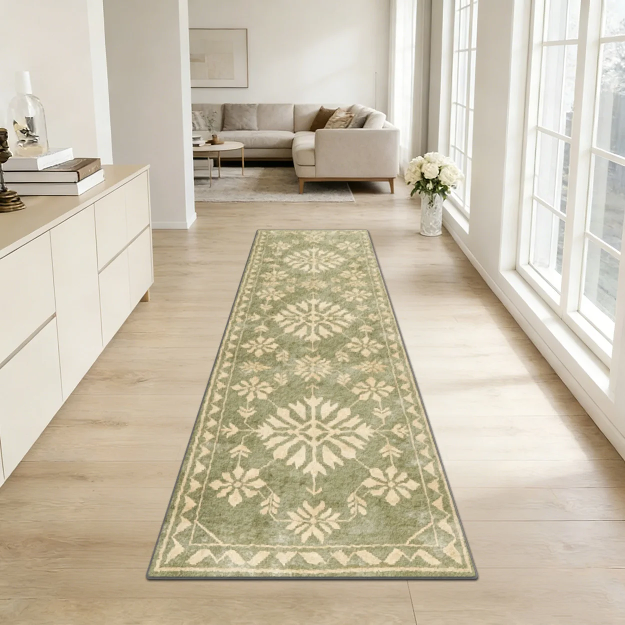 Sage Green Vintage Floral Runner Rug Distressed Ornament Pattern Floor Mat Farmhouse Traditional Decor Carpet Kitchen