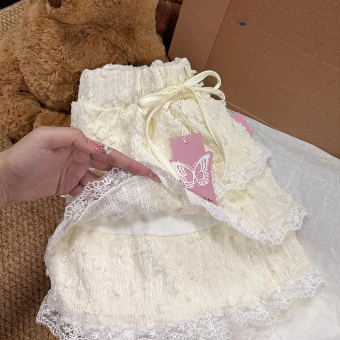 Mini jupe à volants en dentelle douce pour femmes, taille haute, bouffante élastique, courte, superposée douce, plissée, Style d'été mignon