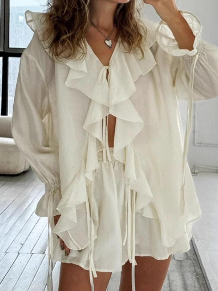 New 2025 Summer Casual Ruffles Shorts Suits Women Loose See Through V Neck Hollow Out Sets Female Fashion Lace Up Sets Lady