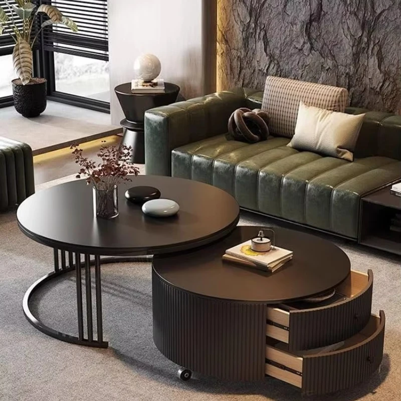 

High-end mobile coffee table small apartment black rock slab living room home new design high-end coffee table