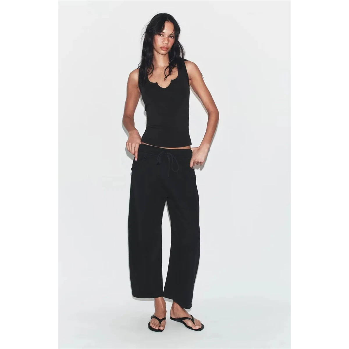 Summer Washed Effect Sleeveless round Neck Country Style Top Cotton Blend mid Waist Long Pants Fashionable Casual Outfit Set