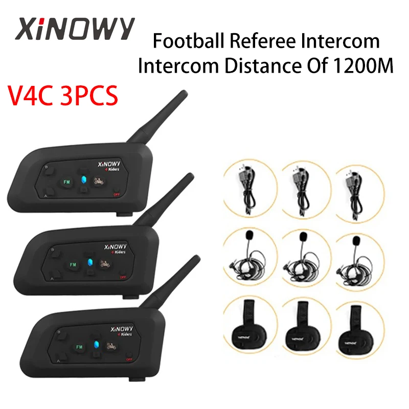 

XiNOWy V4C 3PCS Bluetooth Intercom Full Duplex Football Coach Judger Earhook Earphone Referee Walkie Talkie Intercom Headset