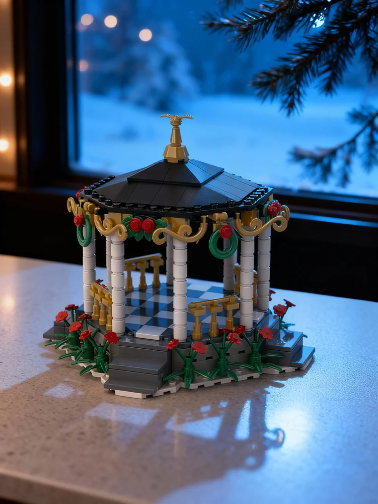 342 pièces MOC, modèle de village de Noël saisonnier, gazebo, village d'hiver, blocs de construction, architecture, cadeaux de Noël, idée de jouet éducatif