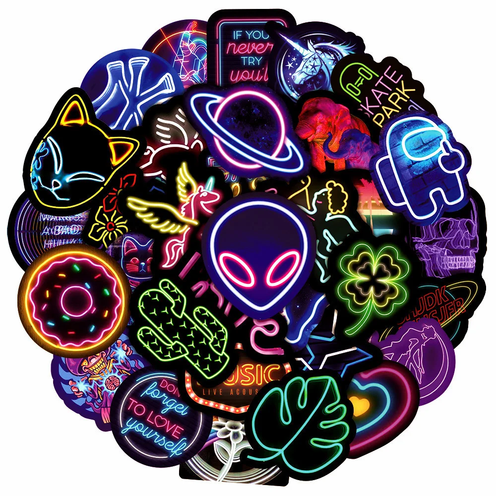 10/30/50PCS Neon Cartoon Graffiti Sticker Gifts Trendy Decoration Laptop Waterproof Decal Bicycle Skateboard GuitarWholesale