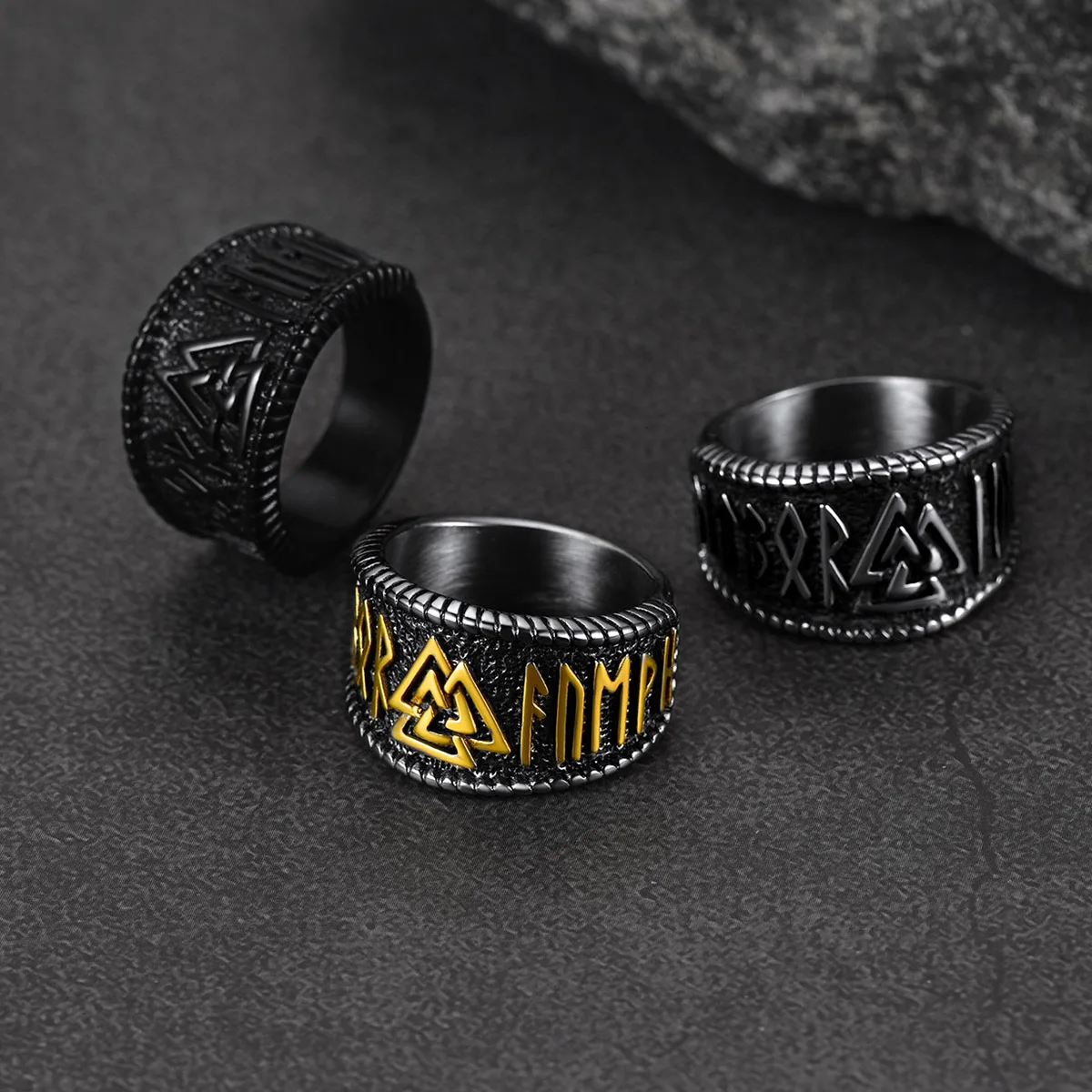 ChainsPro Norse Viking Rings Stainless Steel 14mm wide Vintage Style Nordic Valknut Rune Finger Ring Jewelry for Men Women CP774