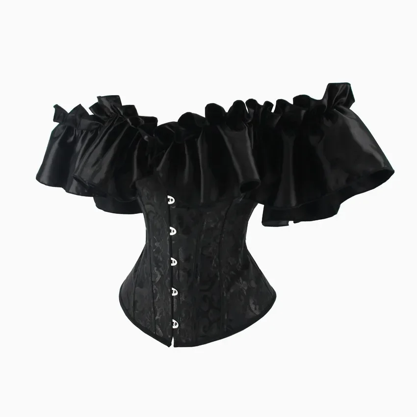 Women Vintage Bustier Corset Sexy Corset Shirt Overbust Corset Top Buckle Off Shoulder Ruffles Sleeve Bustier Lace Up Bodyshaper