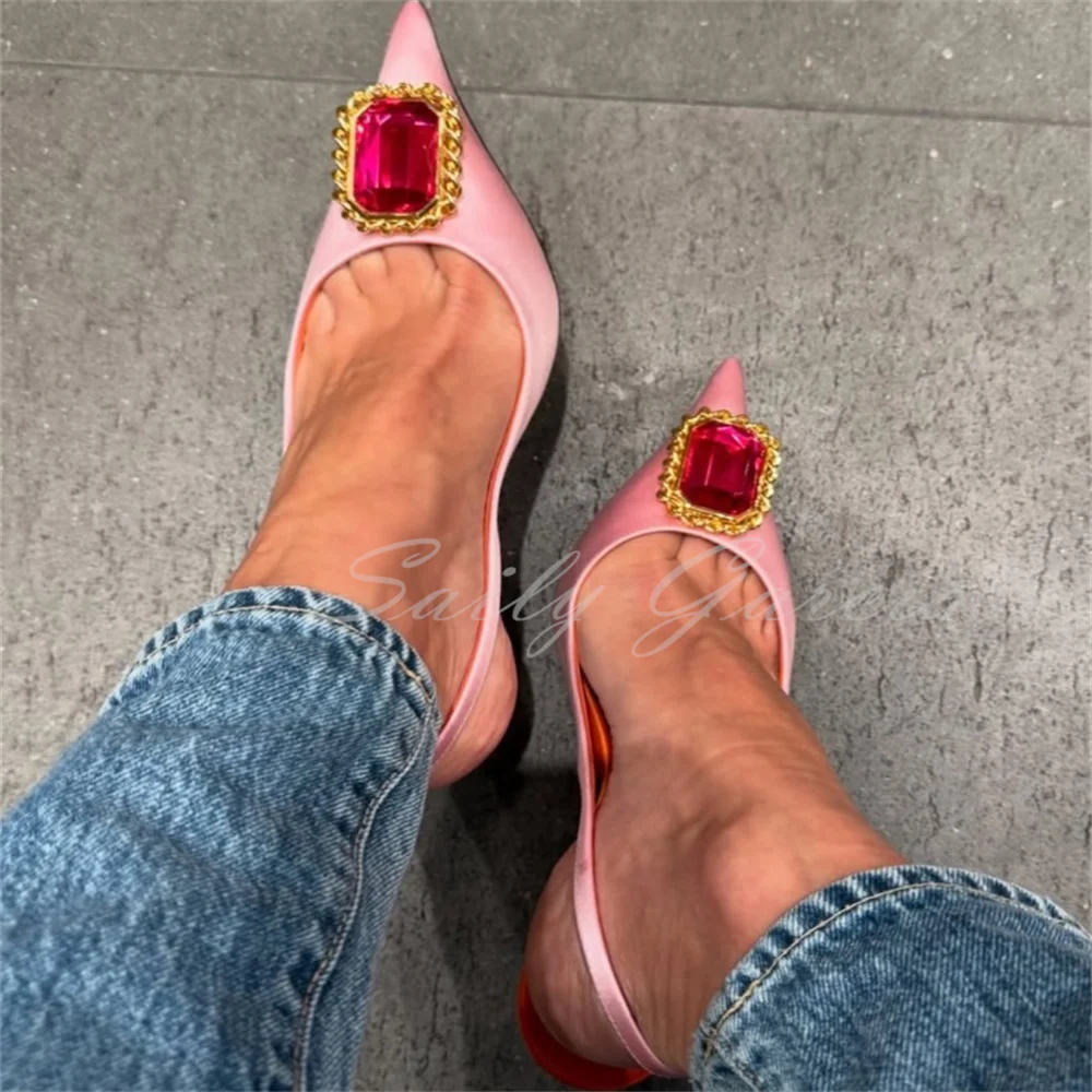 Pink Satin Rhinestone Decor Pumps Women Sexy Pointed Toe Stiletto Heel Slingback Slip On Elegant Banquet Wedding Dress Shoes