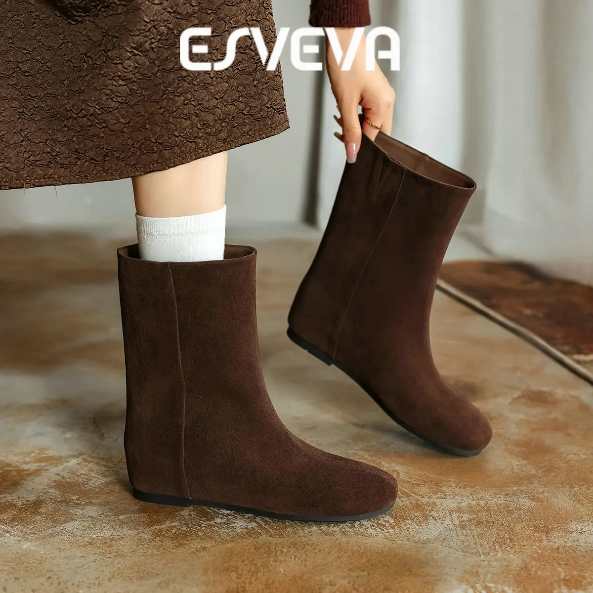 ESVEVA 2027 Fashion Cow Suede Women Ankle Boots Flats Heels Sexy Winter Woman Shoes Round Autumn Casual Retro Short Boots 34-40