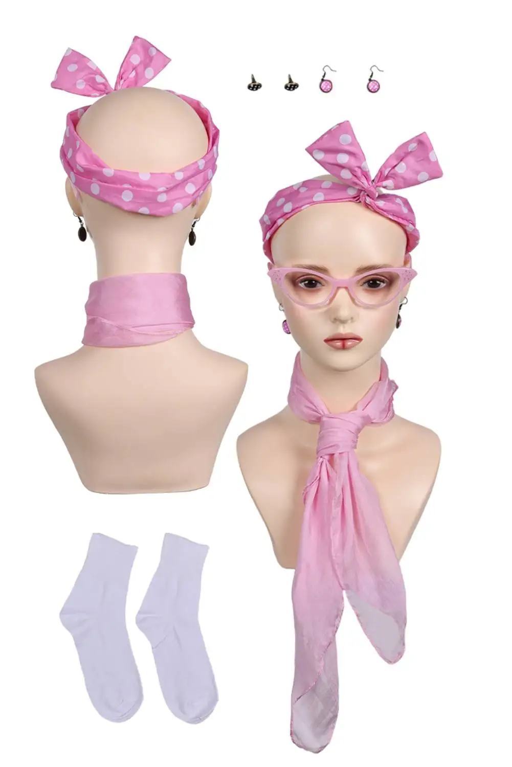 1950s Grease Pink Ladies Cosplay Headband Glasses Earrings Scarf Movie Costume Accessroies Retro Women Fantasia Masquerade Props