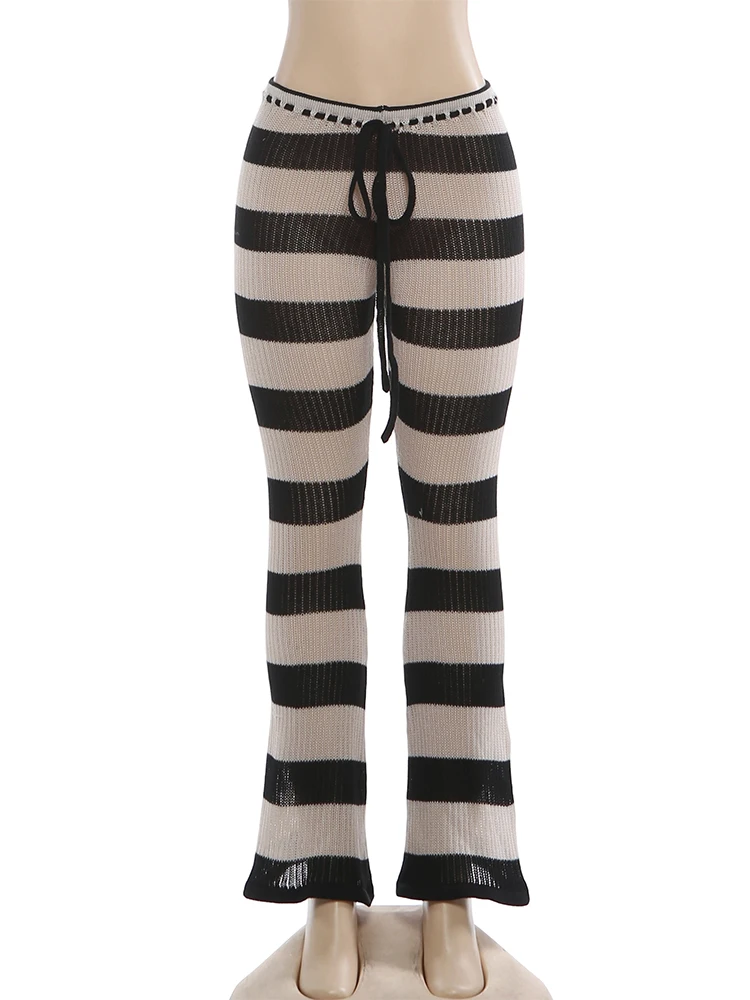 Cutenew Pantaloni casual in lana all'uncinetto Donna Trend Stripe Patchwork Shirring Vita alta Skinny Stretch Streetwear Pantaloni a vita bassa