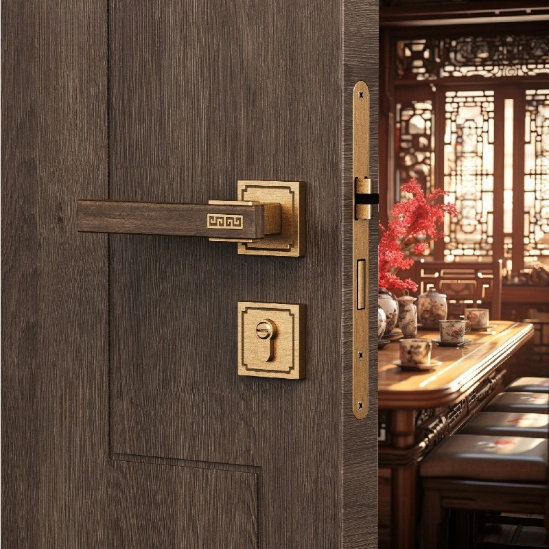 Diannuo new Chinese walnut retro bedroom door lock indoor lock silent magnetic split door handle