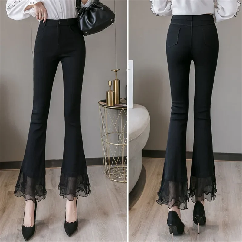 

Black Nine Points Pants Women Spring Autumn Casual Fashion Thin Slit Micro-Flared Pants Female Solid Wild Elegant Trousers B36