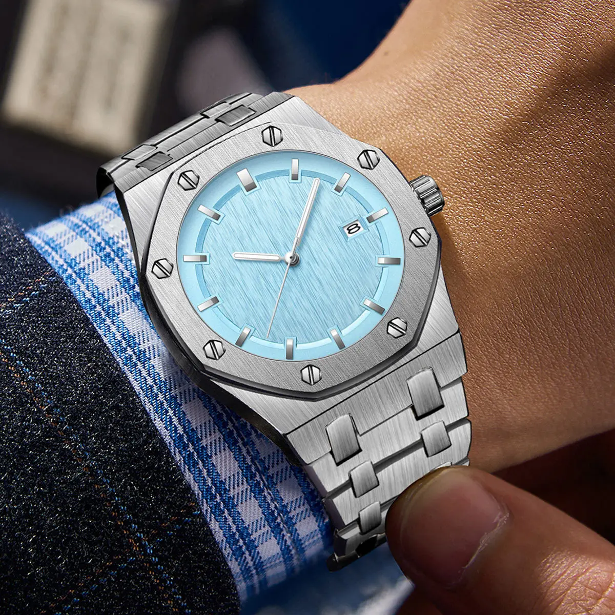 ساعة يد كوارتز رجالية فاخرة 316L سوار فولاذي غير قابل للصدأ صلب 30 متر مقاوم للماء يد مضيئة تاريخ تلقائي عنصر شعبي ستة ألوان