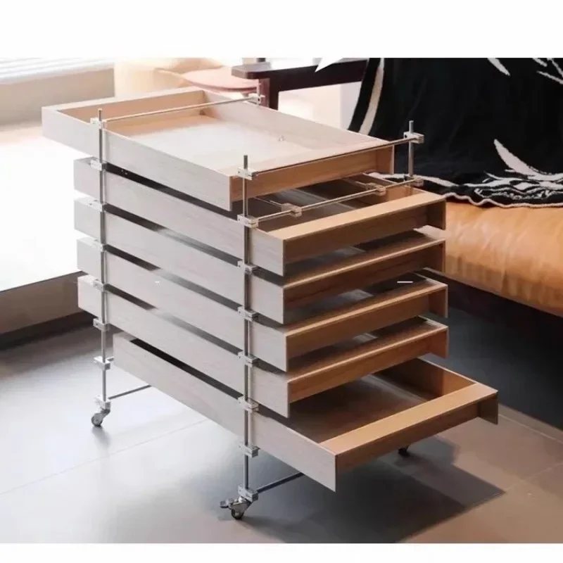Log color optical shaft cabinet trolley, removable bedroom, multi-layer storage in living room