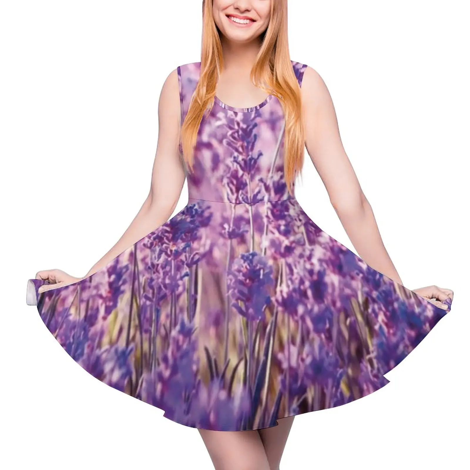 Vestido de lavanda roxo flores imprimir vestidos elegantes cintura alta básico vestido de skate senhoras padrão presente ideia